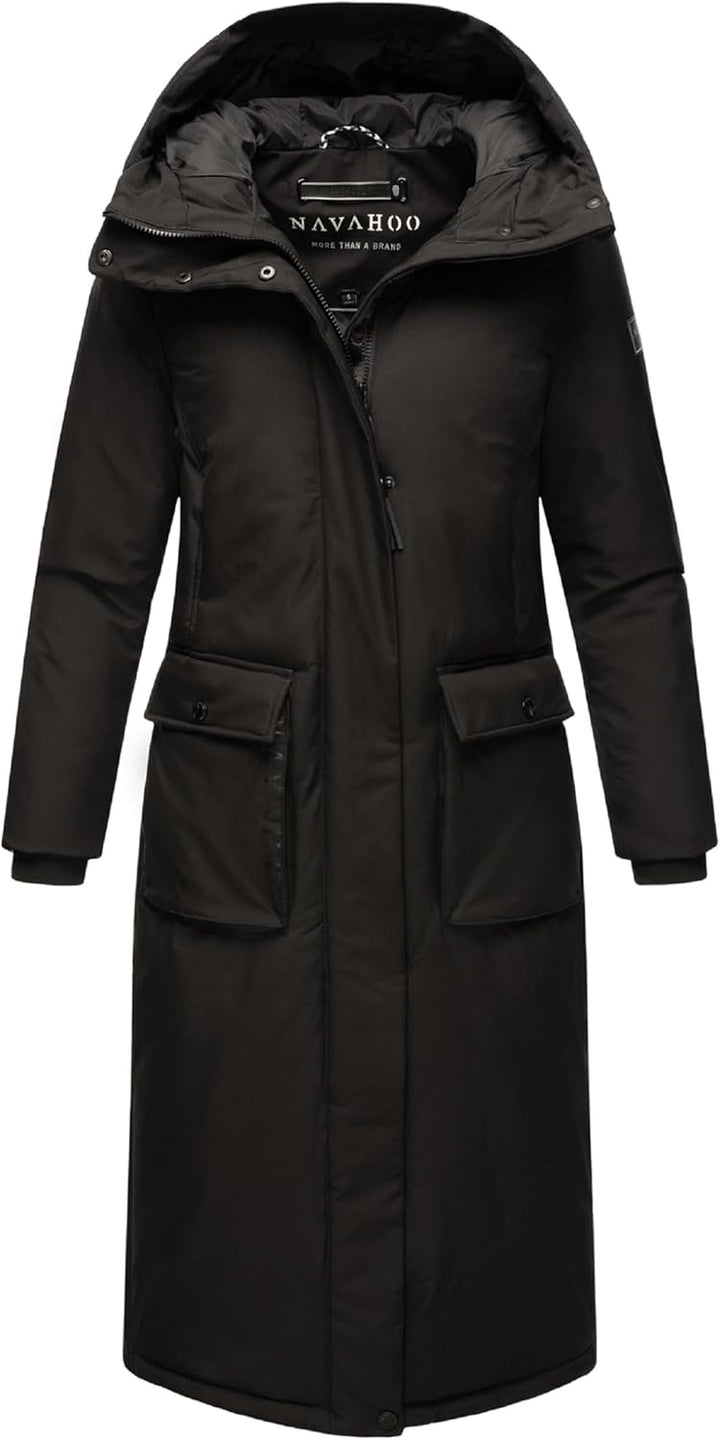 Navahoo Damen Wintermantel Warmer Mantel extralang mit Kapuze Wolkenfrost XIV XS-XXL XL Schwarz, XL