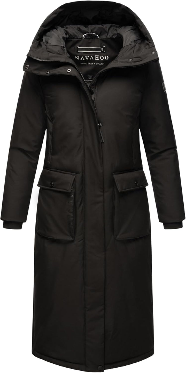 Navahoo Damen Wintermantel Warmer Mantel extralang mit Kapuze Wolkenfrost XIV XS-XXL XXL Schwarz, XX