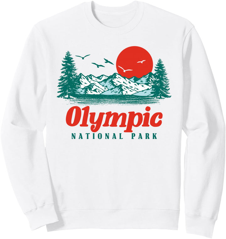 Retro Olympic National Park Mountain Trees &amp; Sun Graphic Sweatshirt