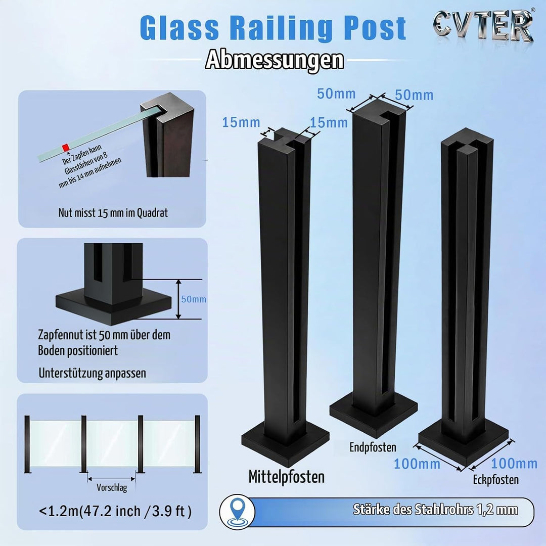 Cvter GlasGeländerpfosten, 65 cm – Glasklemme aus Edelstahl für 0,8–1,2 cm dickes, Balkongeländer gl