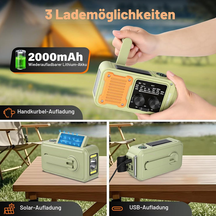 diymore Kurbelradio 2000mAh, Notfallradio mit Kurbel und Solar mit FM/AM/WB, Power Bank, LED Camping