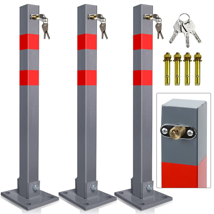 Sonnewelt 3x Parkpfosten Parkplatzsperre mit 3 Schlüsse, Parkplatzsperren mit Reflexstreifen, Klappb