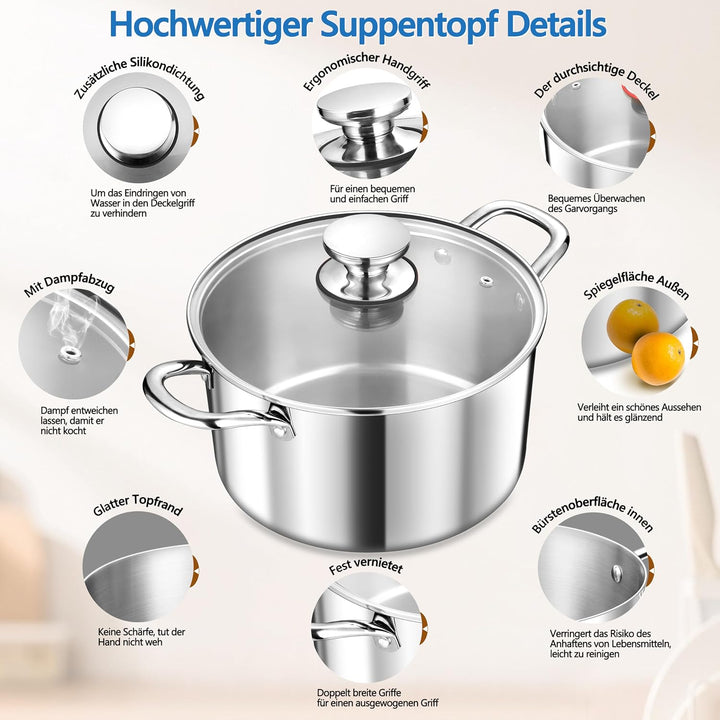 TEAMFAR Kochtopf Gross 24cm, 3-Lagen Edeastahl 5,7L Topf mit Glasdeckel für alle Herdarten, Suppento