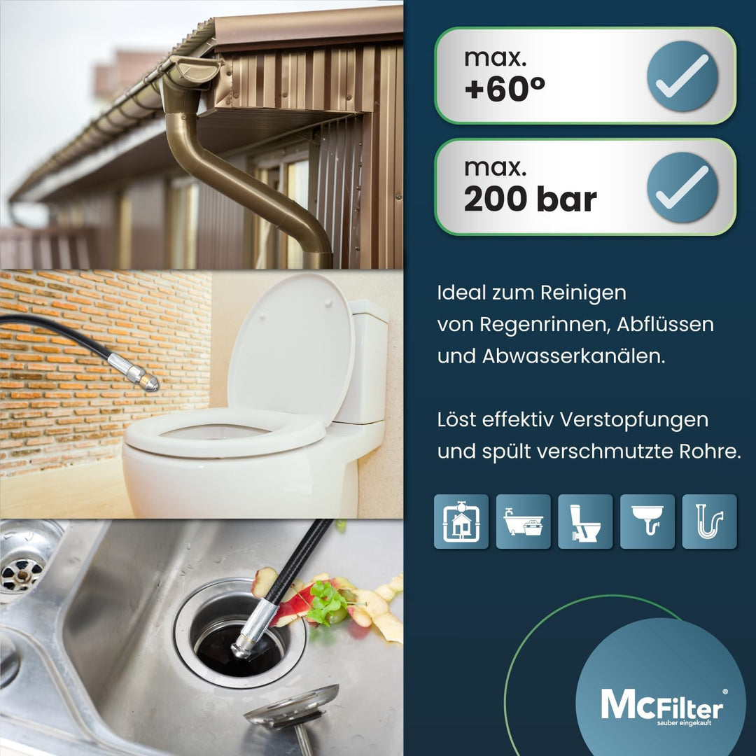 McFilter | Rohrreinigungsschlauch, 15m, 160-200 bar, inkl. Adapter, Düsen starr + rotierend, kompati