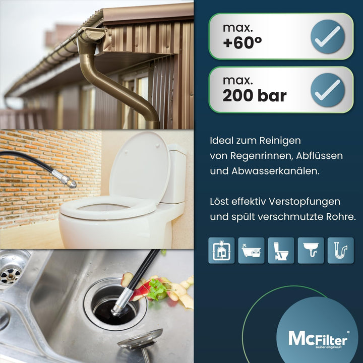 McFilter | Rohrreinigungsschlauch, 15m, 160-200 bar, inkl. Adapter, Düsen starr + rotierend, kompati