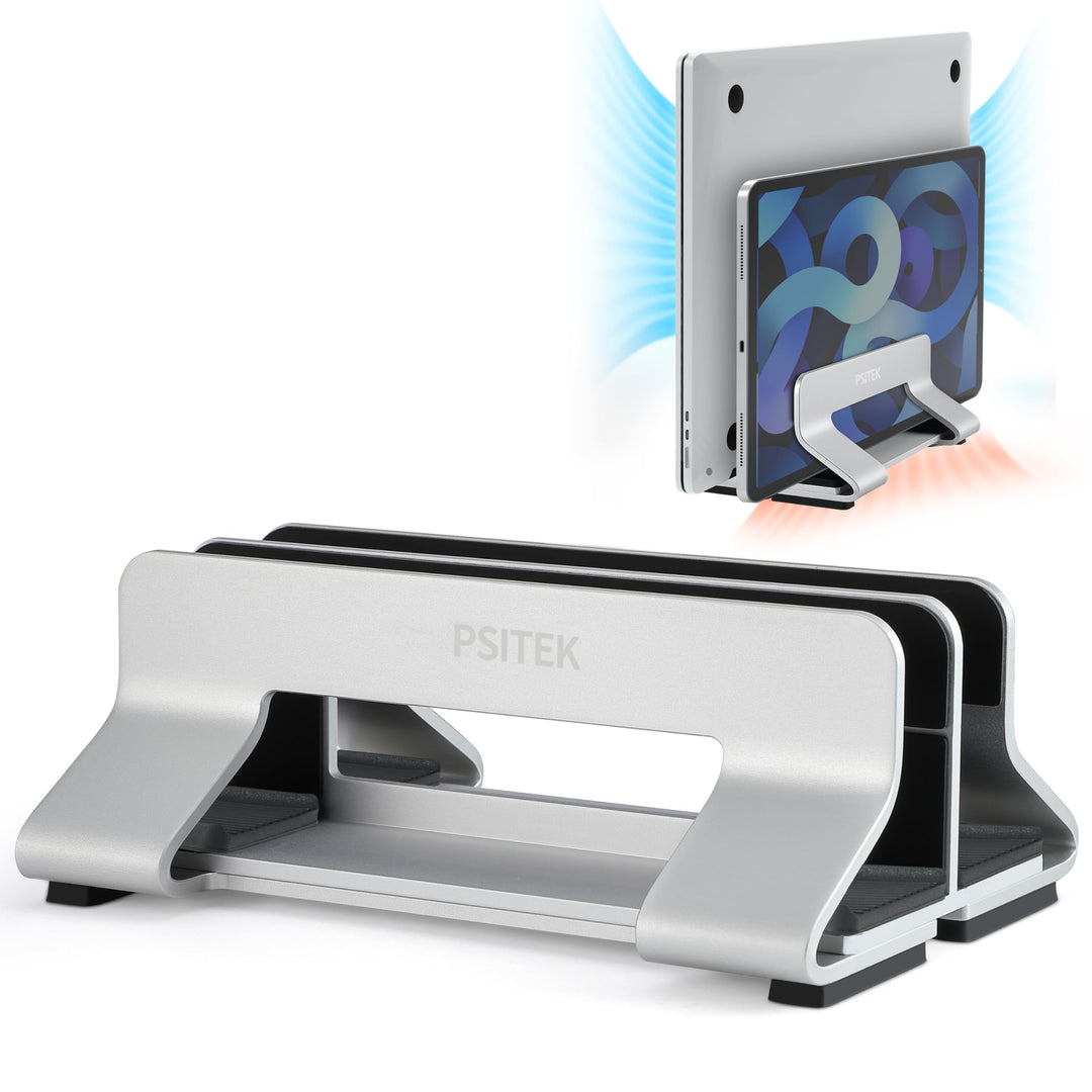 Psitek Einstellbar Aluminium Dual Laptop Ständer Vertikal Dockhalter, Unterstützt 2 Geräte, Verstell