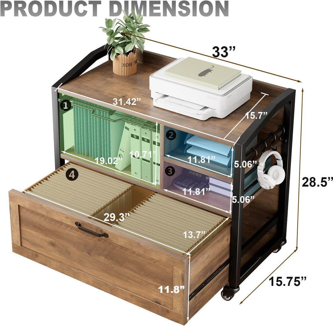 HSH Rollcontainer Mit Schublade Mobiler Aktenschrank Aus Holz Metall für DIN A4 Letter FormatGrösse