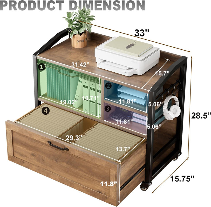 HSH Rollcontainer Mit Schublade Mobiler Aktenschrank Aus Holz Metall für DIN A4 Letter FormatGrösse