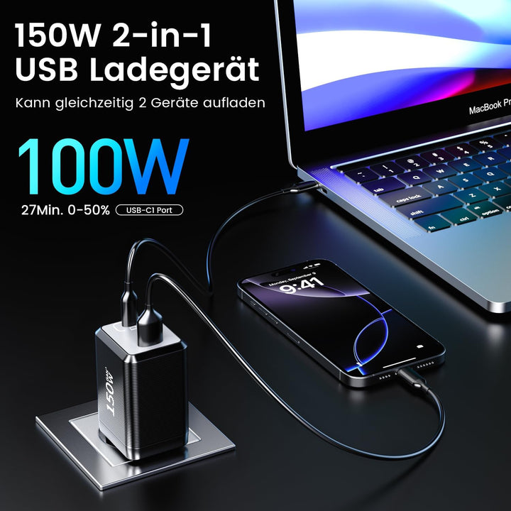 150W USB C Ladegerät, 2-Port Schnellladegerät PD Fast Charger, USB C Stecker kompatibel mit MacBook