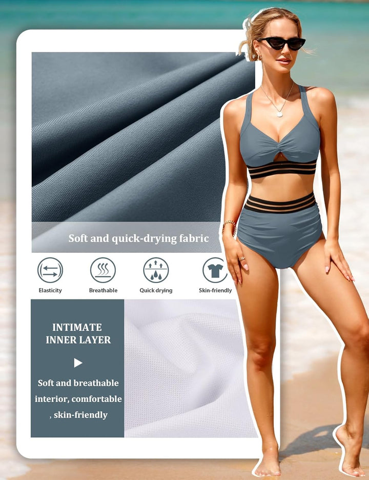 UMIPUBO Bikini Damen Bauchweg High Waist Push Up Bikini Sets Zurück kreuzen Grosse Brüste Bademode S