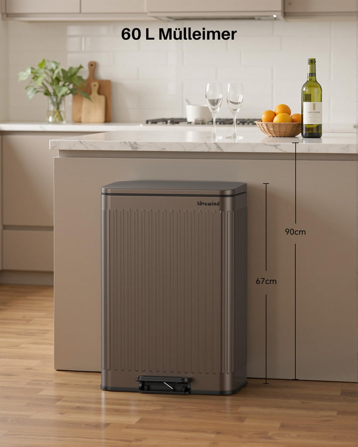 lovewind 60L Mülleimer Küche Edelstahl Braun,Pedal-Behälter mit Soft-Close Deckel,2 herausnehmbare E