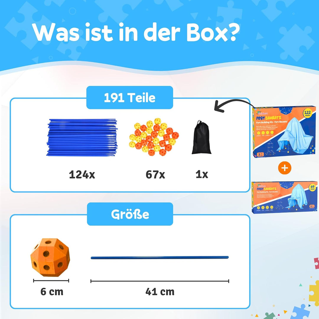 Fort Bausatz XL mit 191 Teilen, Höhle Bauen Kinder, Konstruktionsspielzeug Stecksystem, Spielzelt fü