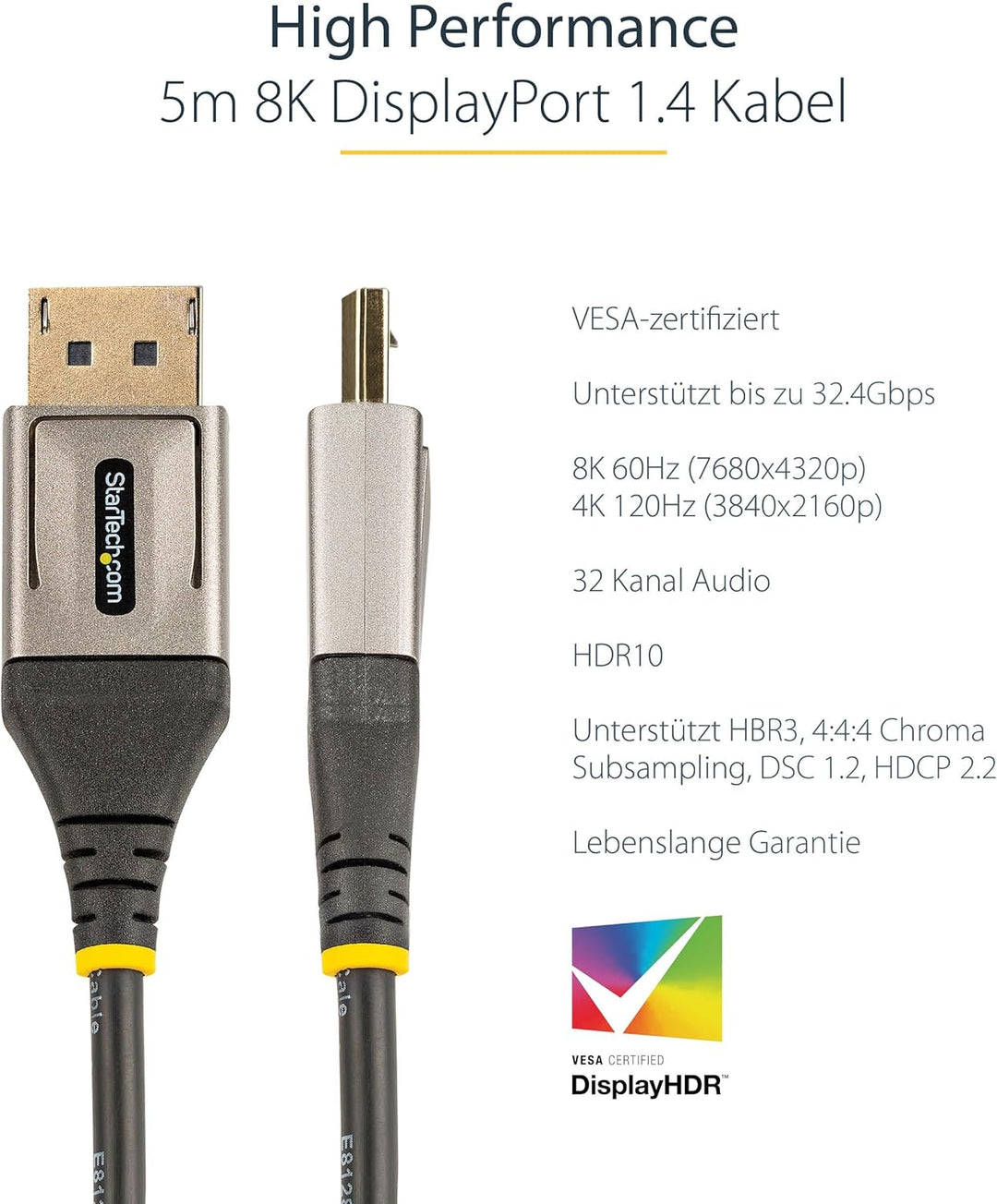 StarTech.com 5m VESA-zertifiziertes DisplayPort 1.4 Kabel - 8K 60Hz HDR10 MST - Ultra HD 4K 120Hz Vi