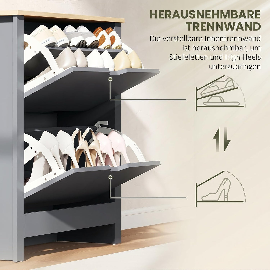 HOMCOM Schuhschrank mit 2 Klappen Schmal 72 x 26 x 80 cm Dunkelgrau | Schuhkipper mit verstellbar Tr