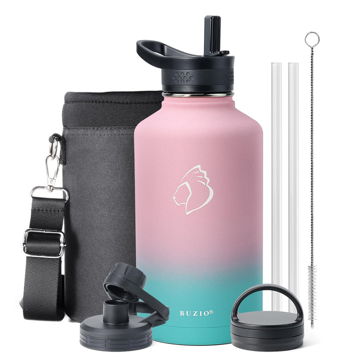 BUZIO 1,8 l Wasserflasche isoliert mit Strohhalm & 3 Deckel und Tragetasche, auslaufsichere Halblite