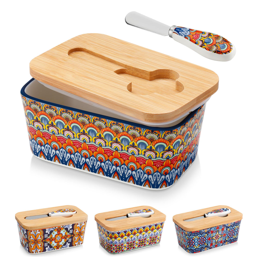Butterdose Keramik, vancasso SIMI Hochwertige Butterglocke mit Messer und Holzdeckel, Butterdose Por