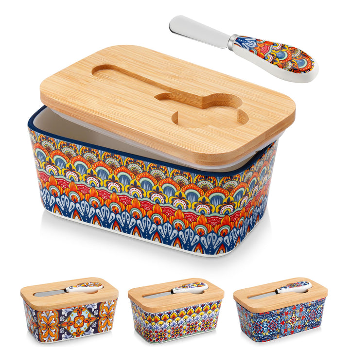Butterdose Keramik, vancasso SIMI Hochwertige Butterglocke mit Messer und Holzdeckel, Butterdose Por