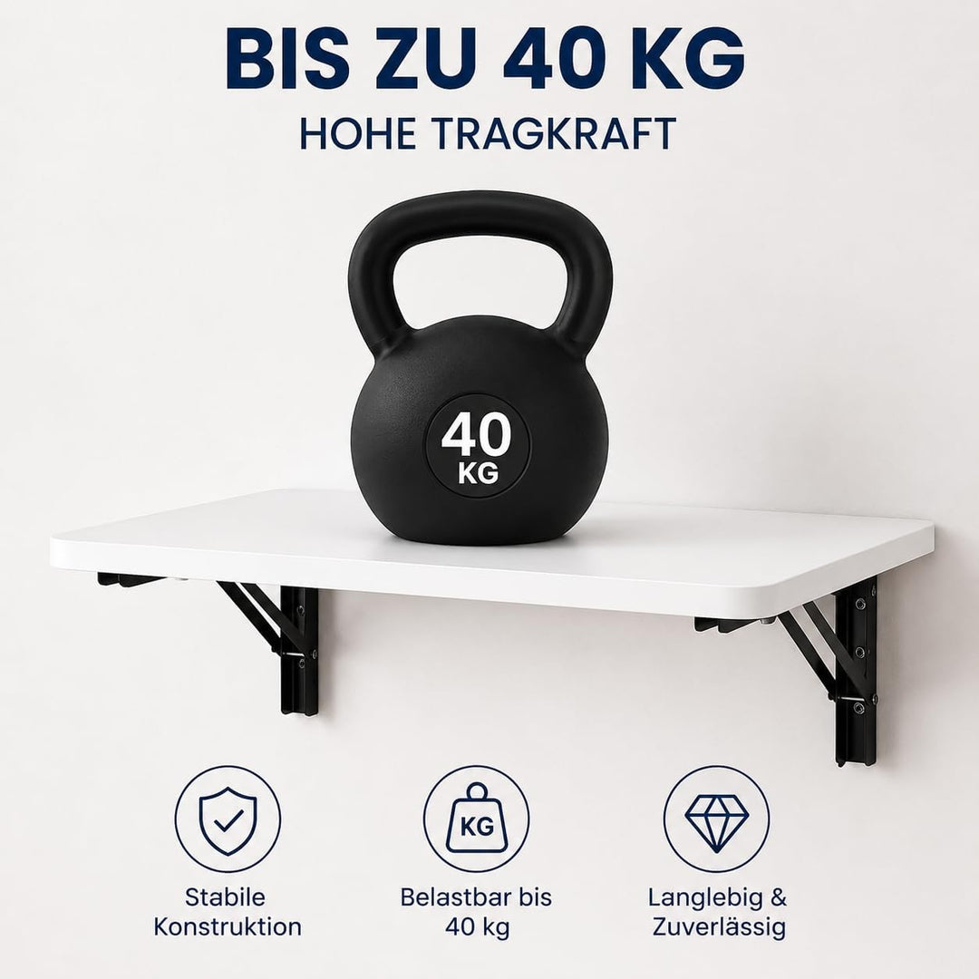 Wandklapptisch 60x40 cm Weiss, Klapptisch Wandmontage, 40 kg | Platzsparender Klapptisch aus Holzwer