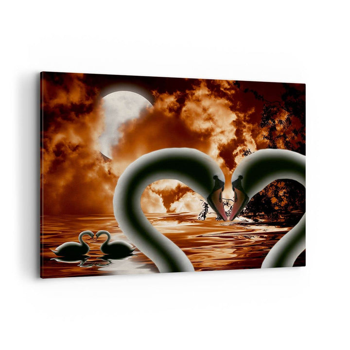 Bilder auf Leinwand 100x70cm Leinwandbild mit Rahmen Schwäne Nacht Liebe Gross Wanddeko Bild Schlafz