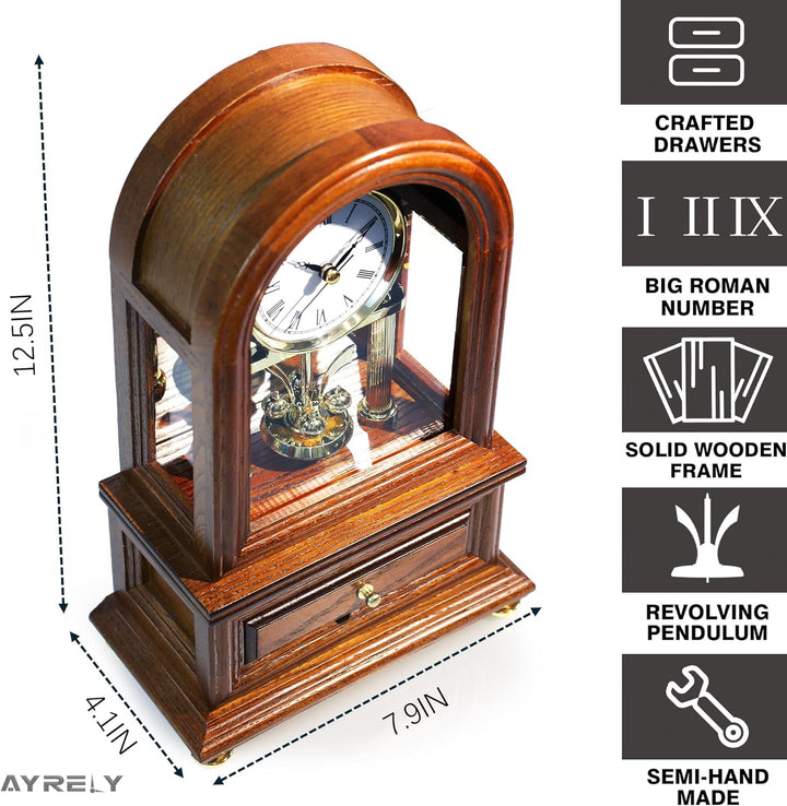 Holz Tischuhr Jubiläumsuhr, Antike Regaluhren, Retro Kaminuhr mit Drehpendel, Schreibtisch Standuhr