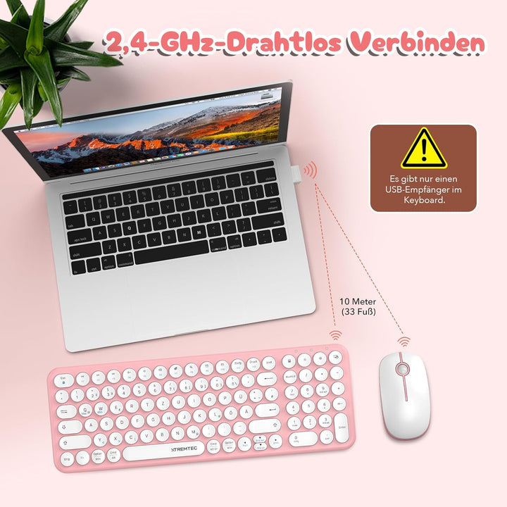 XTREMTEC kabellose Tastatur und Maus,Retro runde Schreibmaschine Tastatur,Slim Funktastatur leise Se