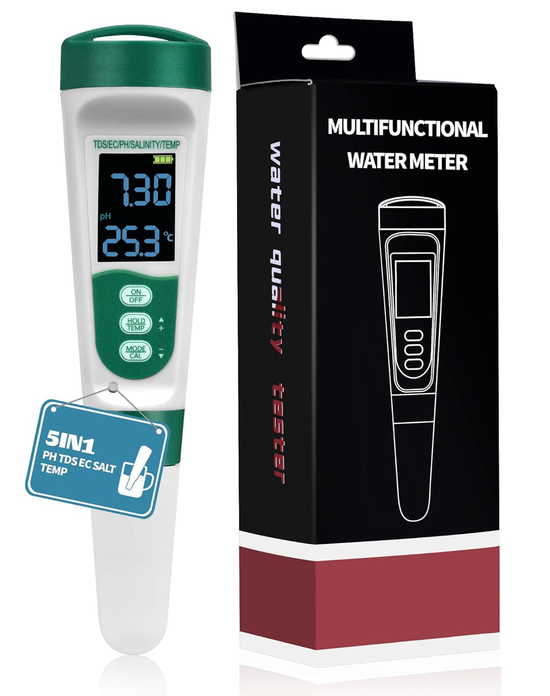 PH Messgerät 5IN1 TDS EC PH Temp Salt(%) Wassertester für Pools Trinkwasser Hyydrokultur Whirlpool A