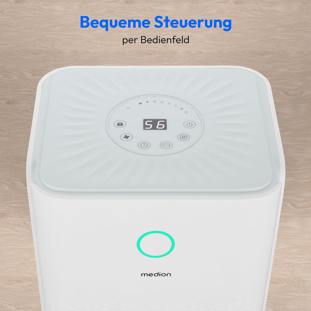 MEDION DH10 Luftentfeuchter elektrisch (bis zu 50m³ (15m²), 12Liter/24h, 38db leise, elektrischer Ra
