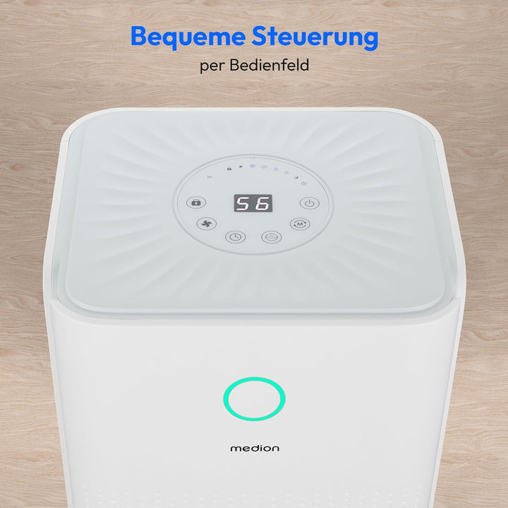 MEDION DH10 Luftentfeuchter elektrisch (bis zu 50m³ (15m²), 12Liter/24h, 38db leise, elektrischer Ra