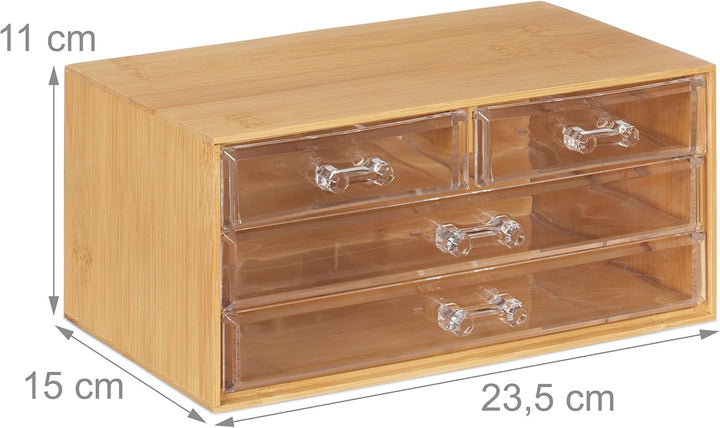 Relaxdays Make Up Organizer Bambus, 4 Schubladen, HBT: 11x23,5x15 cm, Schminkaufbewahrung & Schmuck,