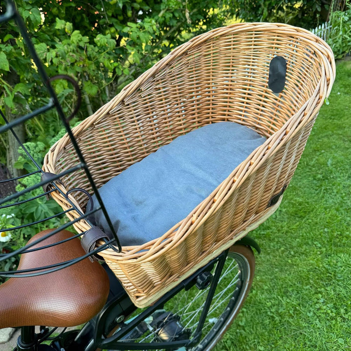 UNUS Hundefahrradkorb für Gepäckträger aus Weide Fahrradkorb mit Gitterabdeckung und Kissen 47x29x34