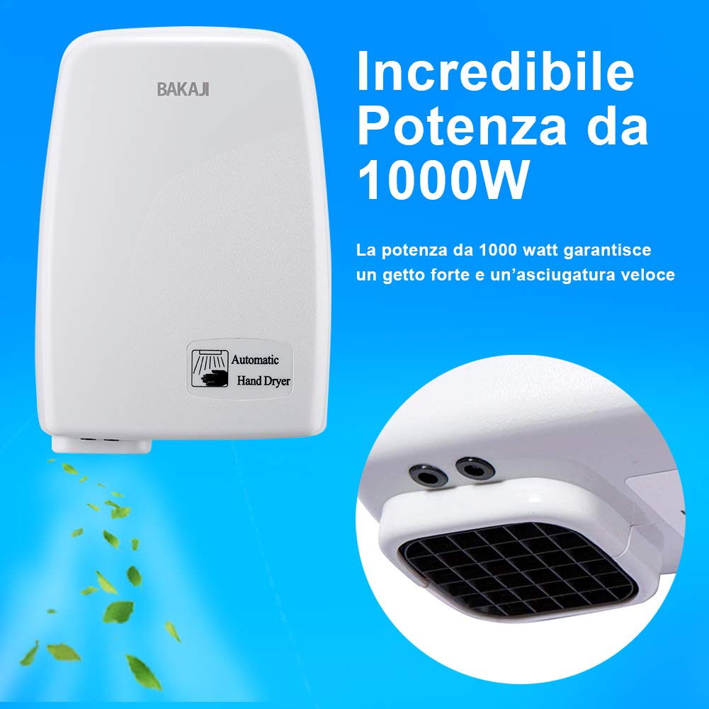 Bakaji Secador de Manos Eléctrico Automático secador de Aire Caliente de Pared - Baño Rápido con Sen