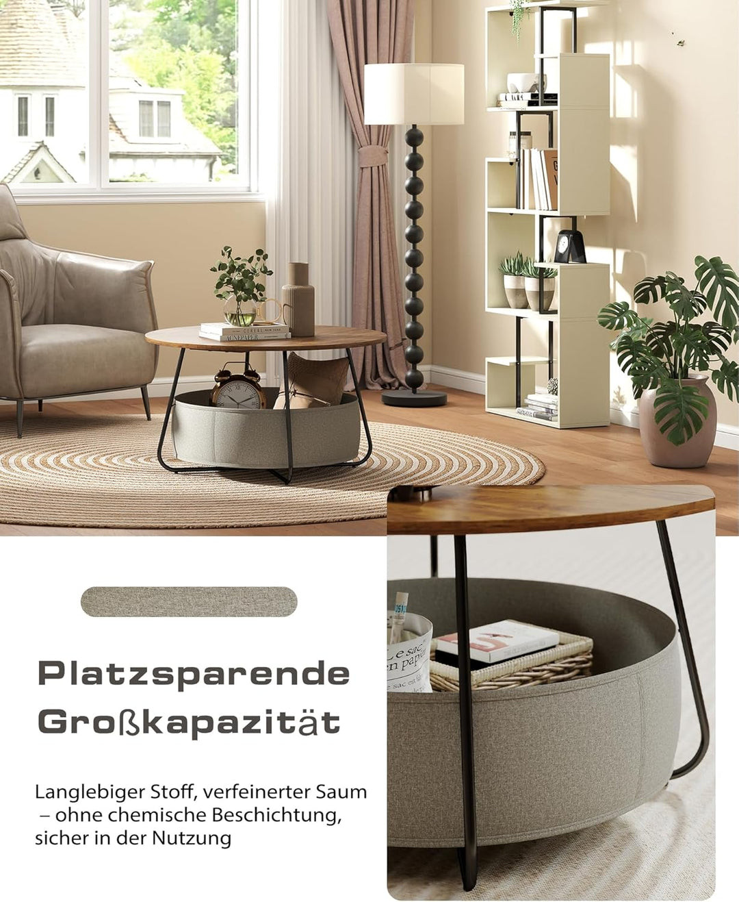 Manora Couchtisch Rund Braun mit Stoffkorb & Stauraum,Runder Wohnzimmertisch mit Korb,Moderner Sofat