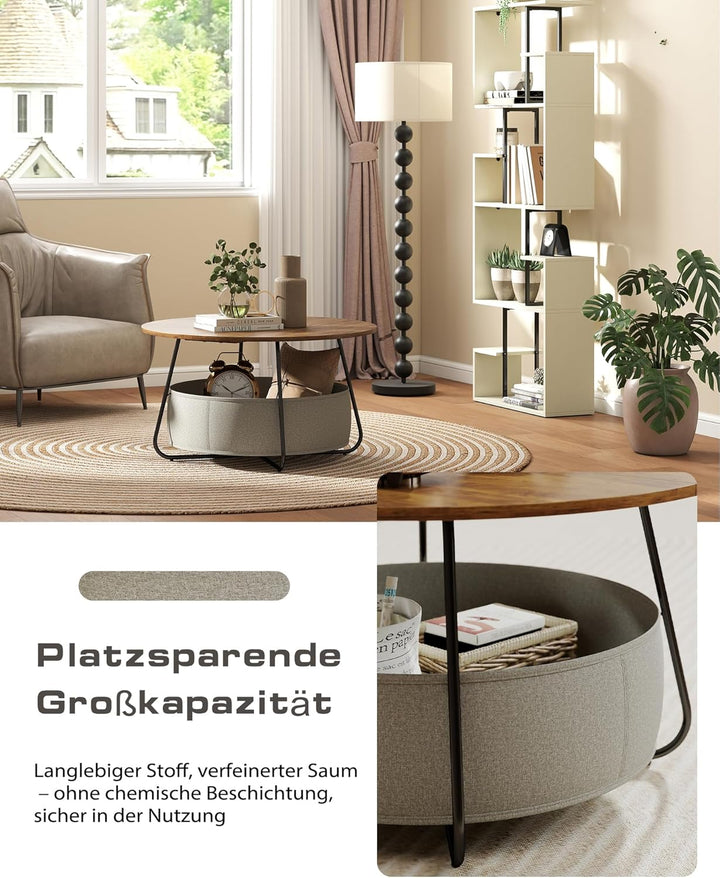 Manora Couchtisch Rund Braun mit Stoffkorb & Stauraum,Runder Wohnzimmertisch mit Korb,Moderner Sofat