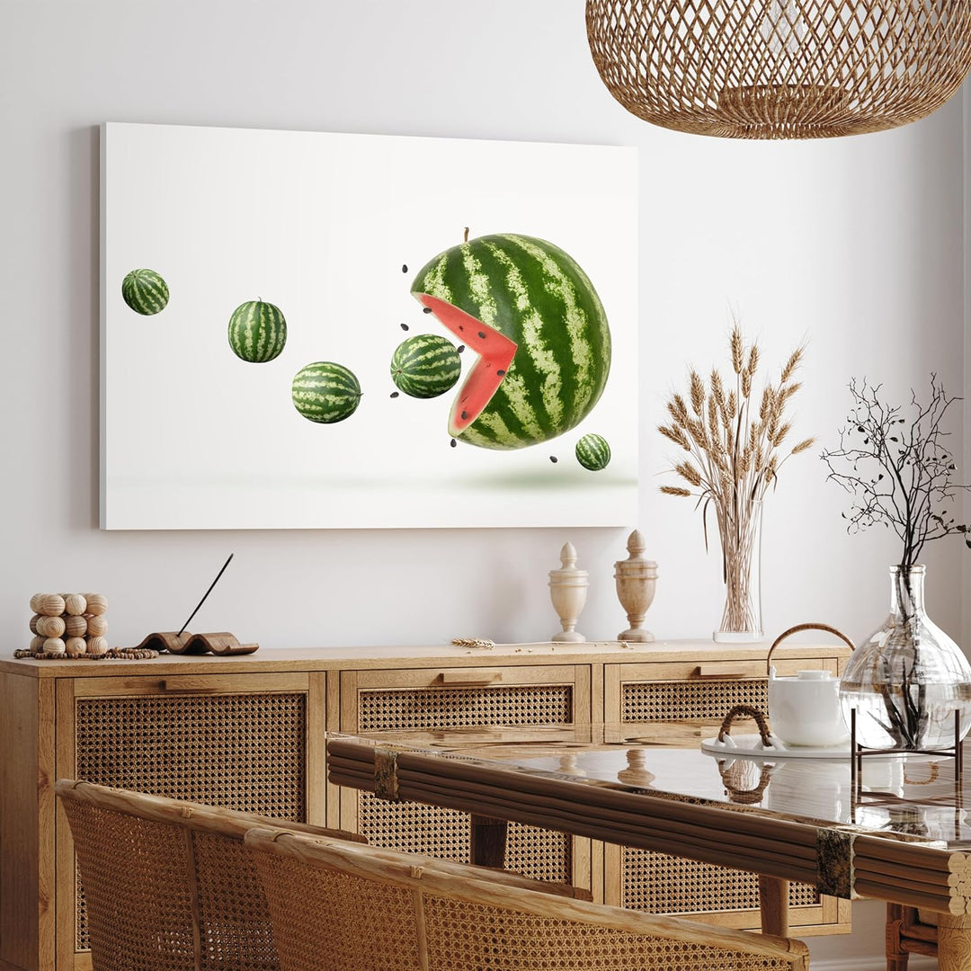 wandmotiv24 Obst & Gemüse als Leinwandbild, 100x75cm, Querformat, Wassermelone, Pacman, Küche, Leben