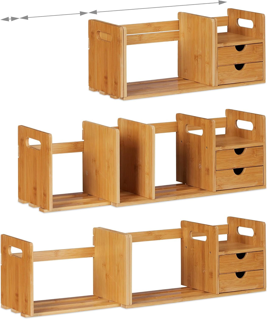 Relaxdays Schreibtisch Organizer Bambus, 2 Schubladen, Bücherregal ausziehbar, Ablage, HxBxT: 21 x 8
