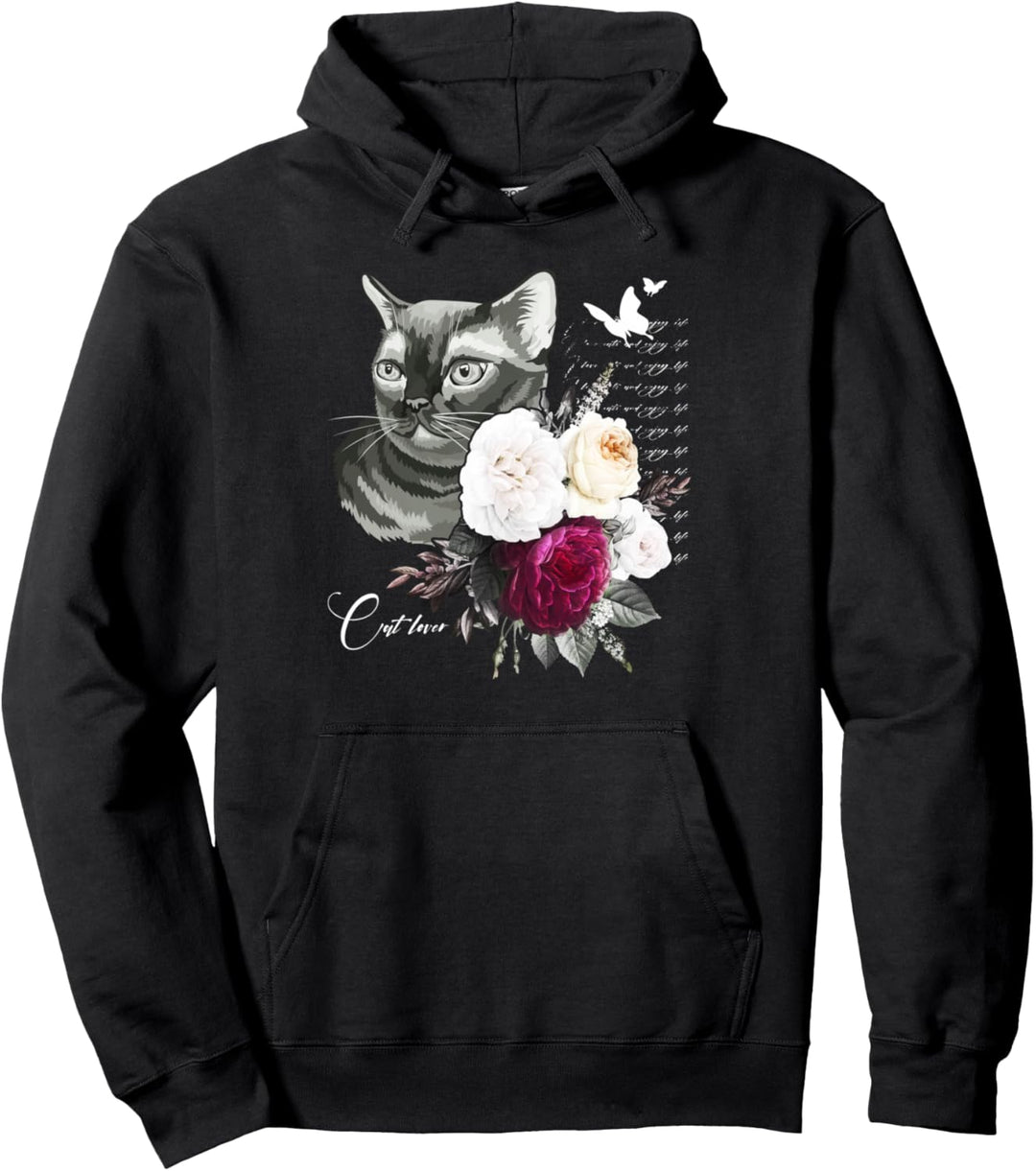 Katze mit Rosen und Schmetterlingen, Women Floral Pullover Hoodie