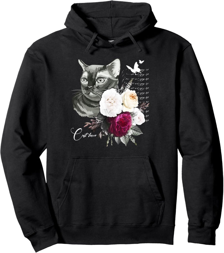 Katze mit Rosen und Schmetterlingen, Women Floral Pullover Hoodie