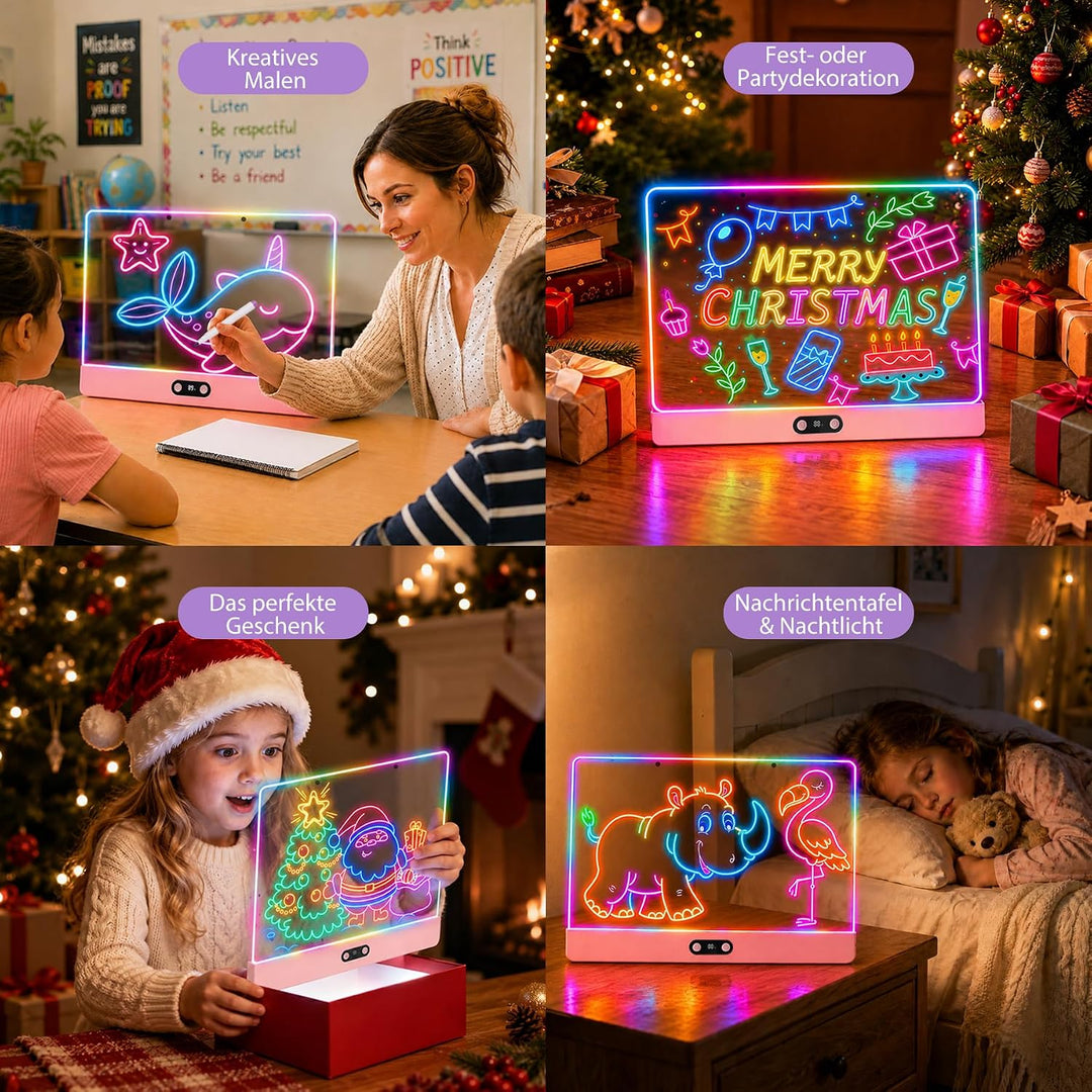 LED Zeichenbrett mit digitaler Akkuanzeige – 35x26cm Acryl Maltafel (Pink) mit 8 Farben & 7 Neon-Sti