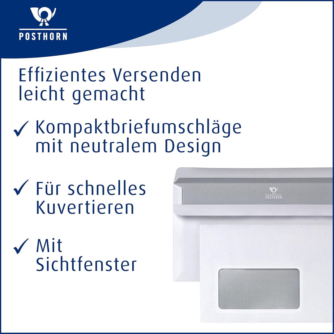 POSTHORN Briefumschläge mit Fenster 125 x 235 mm (1000 Stück), Umschläge selbstklebend, Kuvert mit g