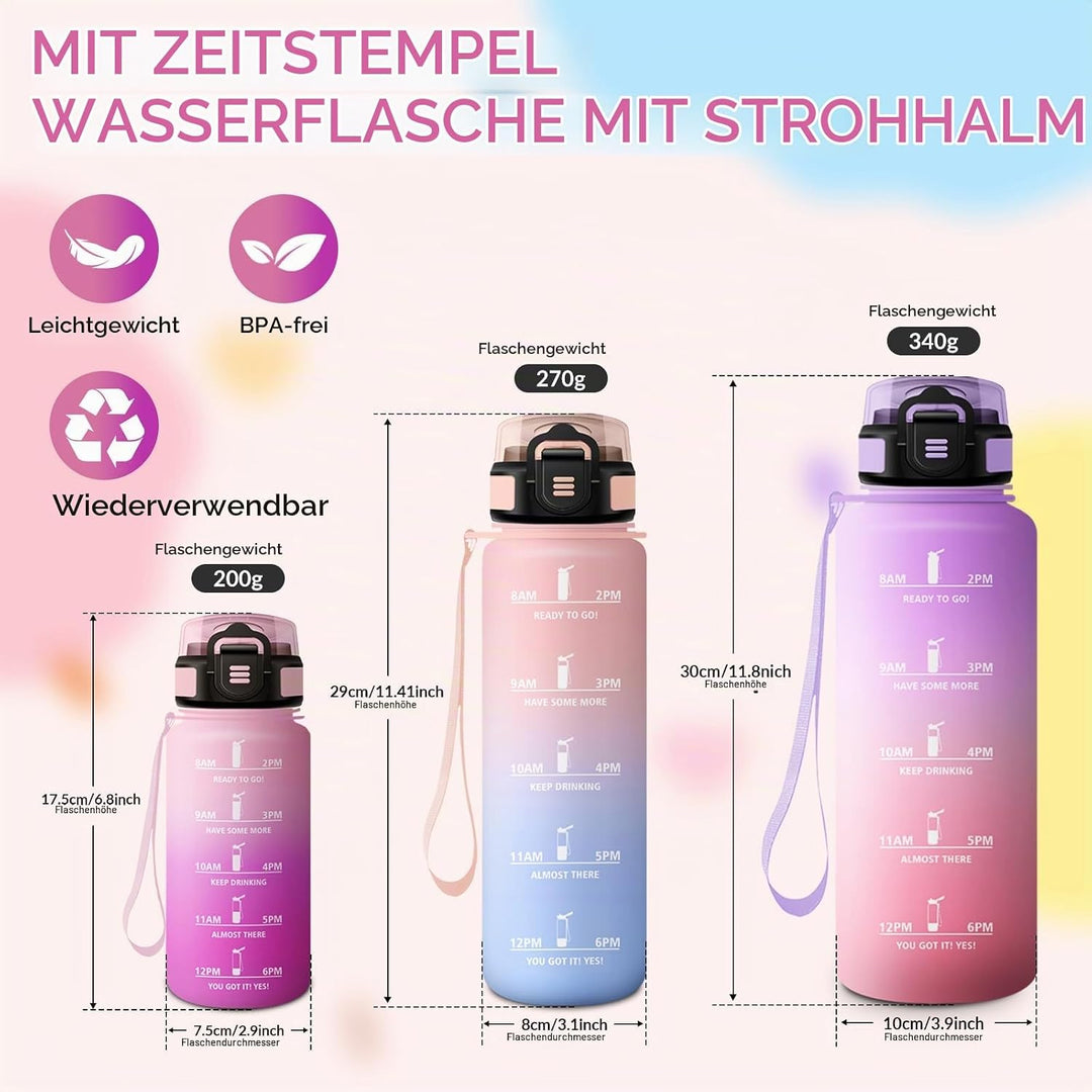 HoneyHolly Trinkflasche 1L mit Strohhalm, Trinkflasche Kohlensäure Geeignet, Wasserflasche Sport mit