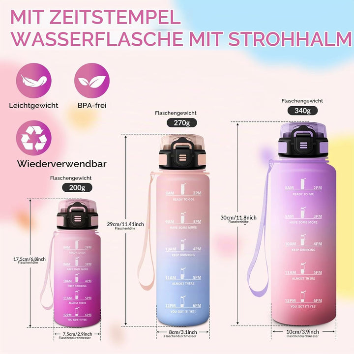 HoneyHolly Trinkflasche 1L mit Strohhalm, Trinkflasche Kohlensäure Geeignet, Wasserflasche Sport mit