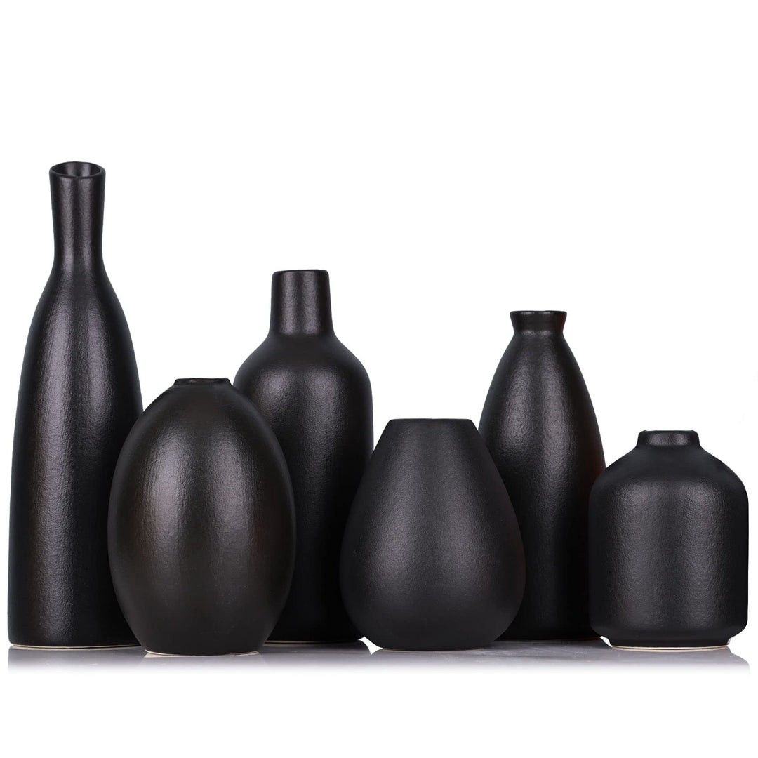 Schwarze Keramik Knospen Vasen Set von 6, Bauernhaus Dekor, Kamindekor, Kaminsims & Regal Dekor, Hei