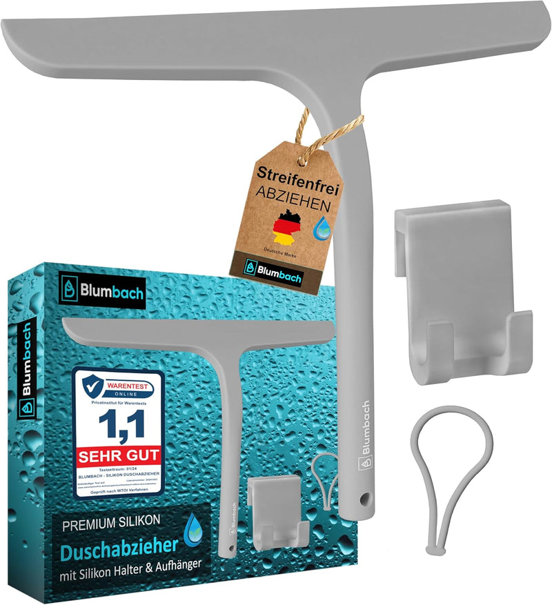 BLUMBACH® Duschkabinenabzieher grau, Duschabzieher mit Halterung 28 cm breit, Silikon Abzieher mit E