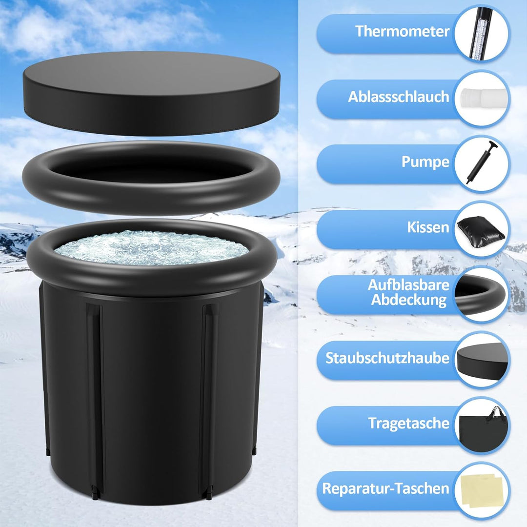 𝗝𝗮𝘅𝗴𝘂𝗼𝗺 Eisbad Tonne 390L, Faltbare Badewanne 80 x 78 cm mit Abdeckung, 5 Isolierschichten, Mobile E