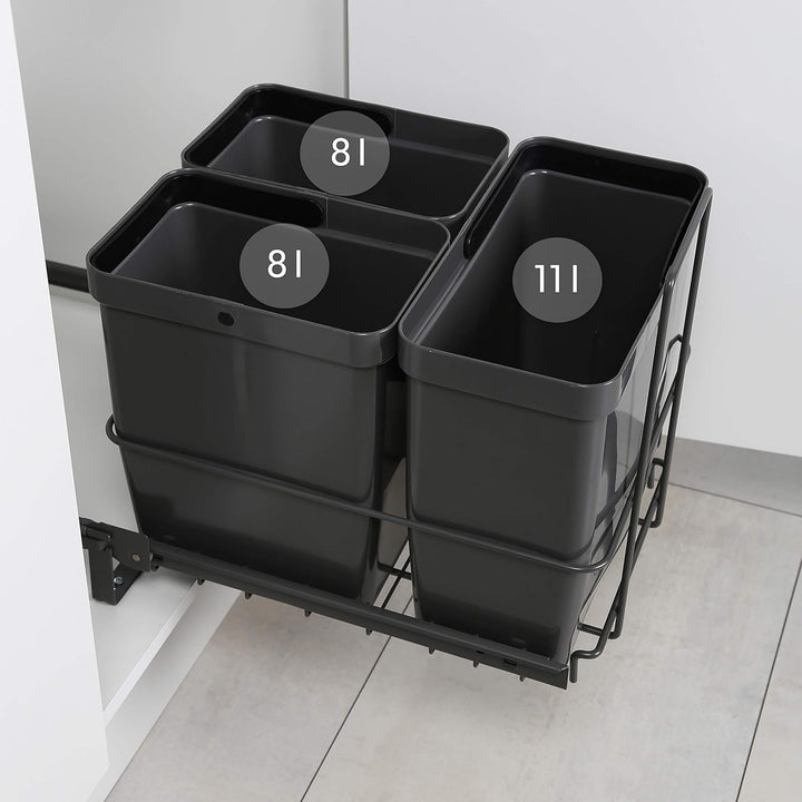 LM 64/3 Einbau Mülleimer ausziehbar mit 3 Abfalleimer (1x11L, 2x8L) Korbauszug anthrazit 32,8x43,3x3