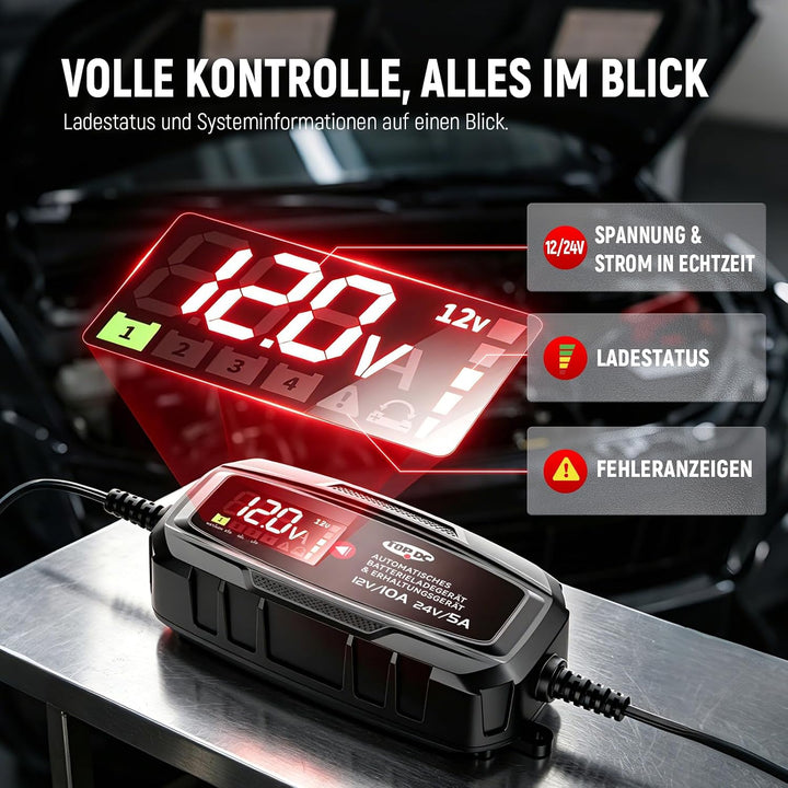 TOPDC 10A 12V/24V Smartes Batterielade- &amp; Erhaltungsgerät