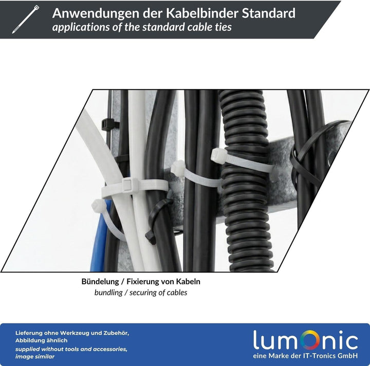 Lumonic 100 Stück Kabelbinder mit Metallzunge | 360 × 4,5mm | bis 40kg Zugfestigkeit | Nylon PA6.6,