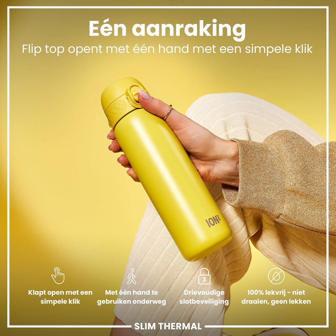 ION8 Vakuumisolierte Edelstahl-Trinkflasche, 500 ml, Auslaufsicher, Einhandöffnung, Sichere Verriege