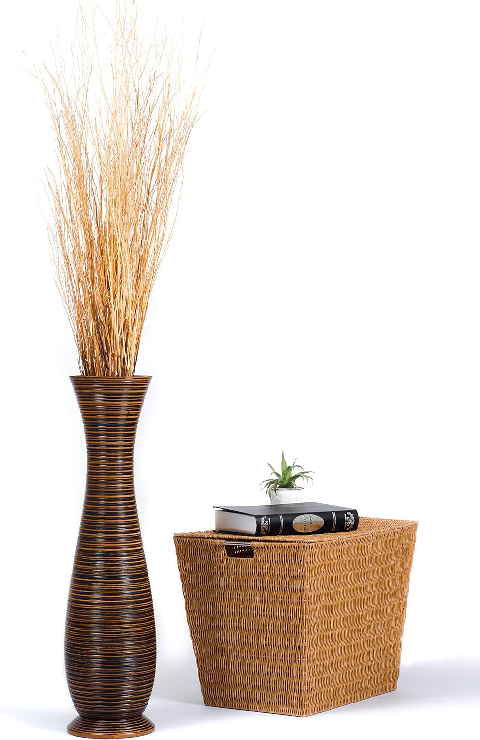 Leewadee Grosse Bodenvase für Dekozweige hohe Standvase Design Holzvase, Holz, 70 cm, Braun 70 cm Br