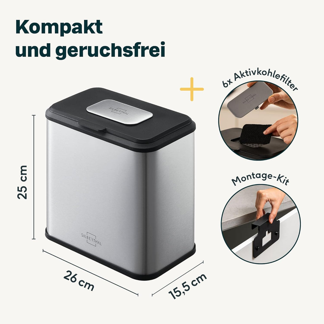 SILBERTHAL Biomülleimer Küche 4L – Edelstahl – Mit Deckel – Geruchsarmer Komposteimer für die Küche